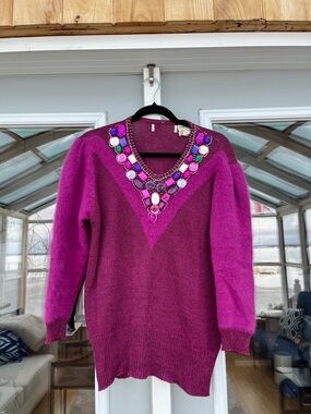 Women's vintage Embellished Magenta Sweater with Jewel Neckline